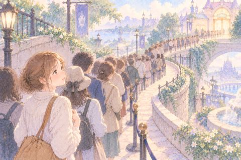 遠くまで続く長い行列に並ぶ女性