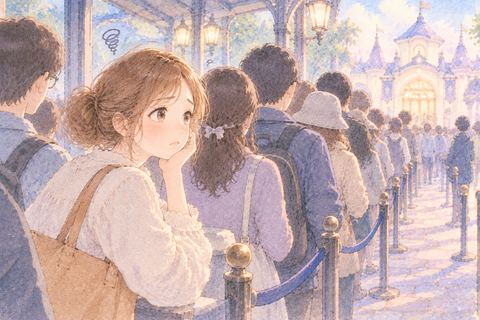 進まない行列で困った表情をする女性