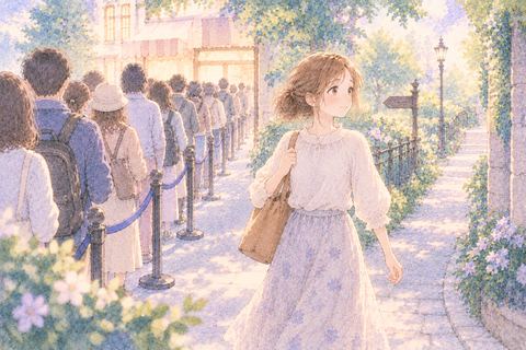 行列には入らず別の道を歩く女性