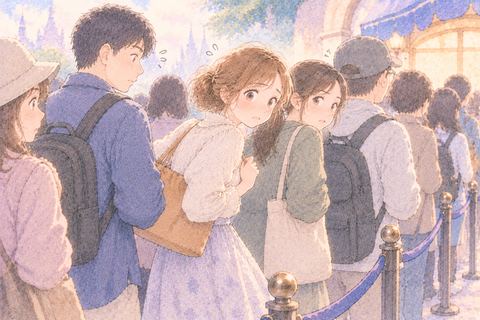 行列の途中へ割り込み気まずそうにする女性