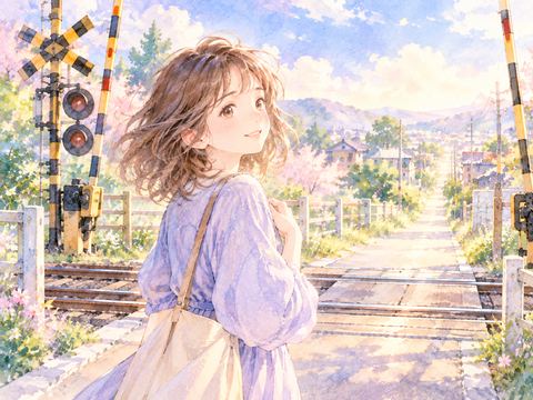 踏切を渡り終え、向こう側でほっと微笑む女性