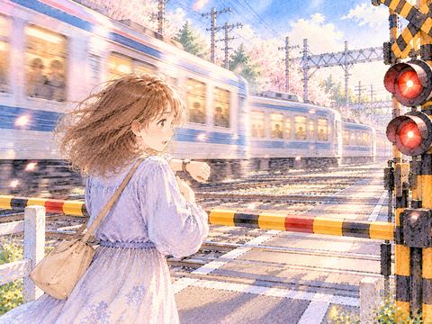 何本もの電車が通過する踏切で焦った表情の女性