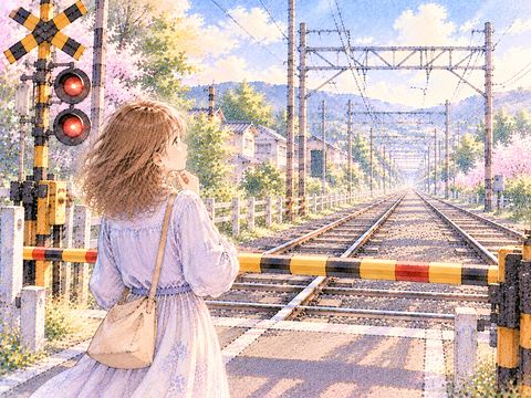 電車が来ない踏切で線路の先を見つめる女性