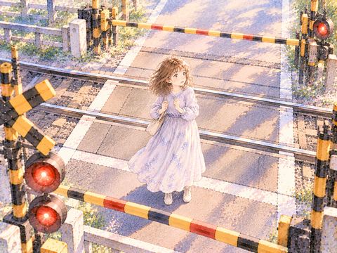 両側の遮断機が下りた踏切内で立ち尽くす女性