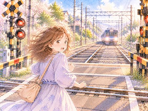 踏切内で近づく電車に気づき恐怖を感じる女性