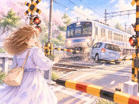 踏切で車と電車が接触し女性が驚く夢の場面