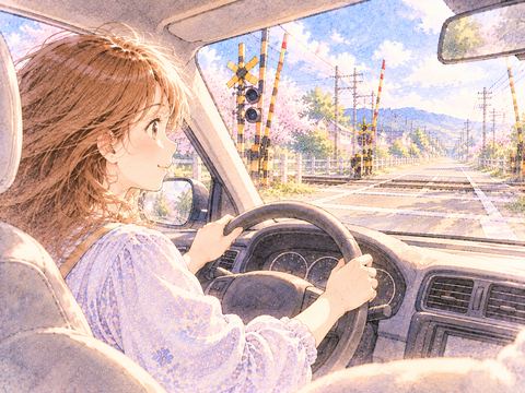 自分で車を運転して踏切を渡る女性