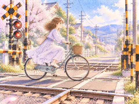 自転車で踏切を慎重に渡る女性