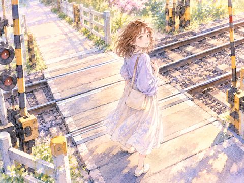 踏切の途中で足を止め、来た道へ引き返す女性