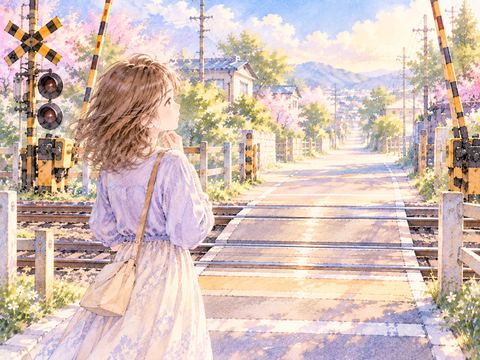 遮断機が上がった踏切の手前で静かに立つ女性