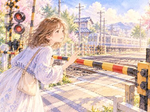 下りた遮断機の前で向こう側を見つめる困った表情の女性