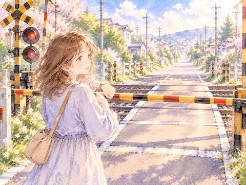 電車がいないのに下りたままの遮断機を見つめる女性