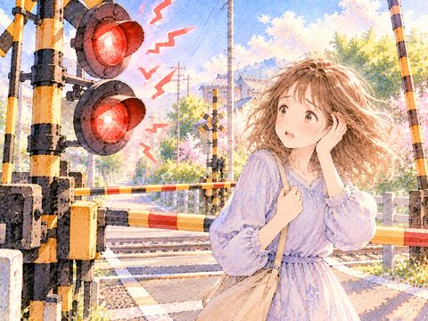 赤い警報灯が点滅する踏切で耳を押さえる女性