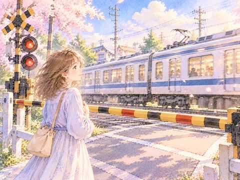 踏切の手前で通過する電車を穏やかに見送る女性