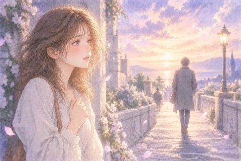 遠ざかる人を悲しそうに見送る女性