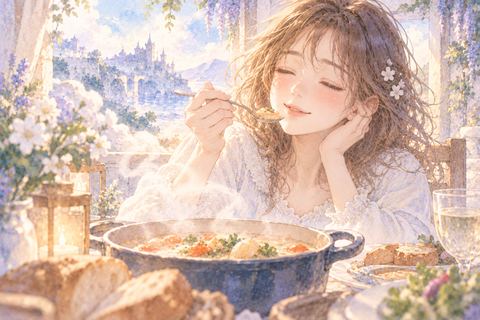 香りのよい料理を味わう女性