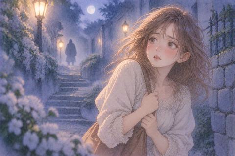 不安な夢の中で身構える女性