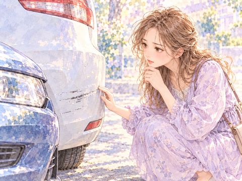 軽い追突でバンパーについた小さな傷を見る女性