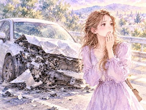 前の車に激しく追突して大破した車を見つめる女性