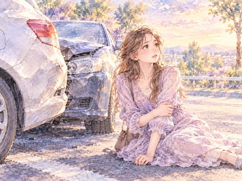 追突した車のそばで腕を押さえて不安そうに座る女性