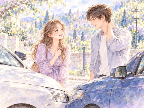追突した二台の車のそばで互いの無事を喜ぶ男女