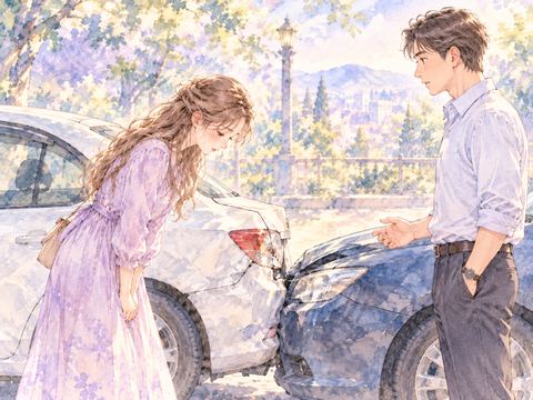 追突した車の前で相手に深く頭を下げて謝る女性