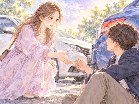 追突事故の後に車から降りた相手へ手を差し伸べる女性