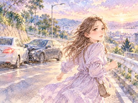 追突した車を残して振り返りながら走り去る女性