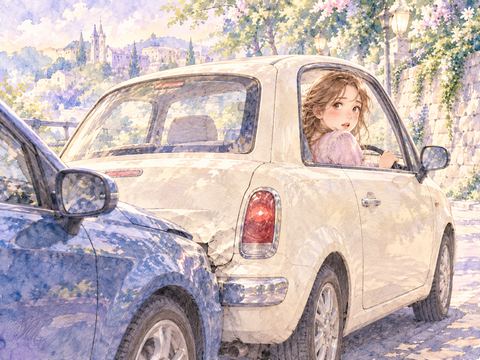 後続車に追突されて振り返る女性ドライバー