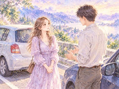 追突した車のそばで相手と冷静に話し合う女性