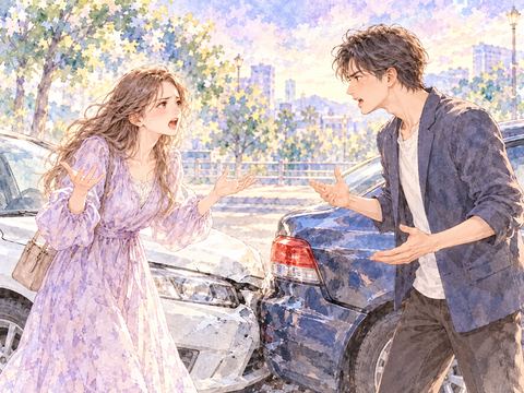 追突した車の横で互いに不満を訴える二人の運転者