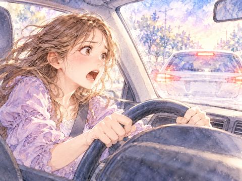 前の車に追突する瞬間に目を見開いて怖がる女性運転者