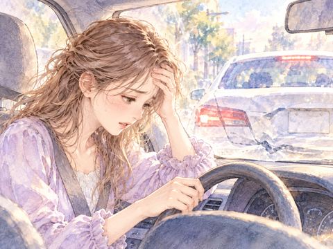 追突した車内で額に手を当てて焦りと罪悪感を覚える女性