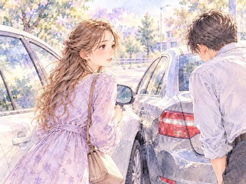 追突事故の後に落ち着いて相手の無事を確認する女性