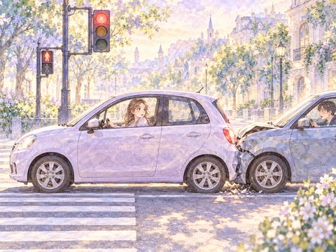 赤信号で停車中の車に後続車が追突する場面