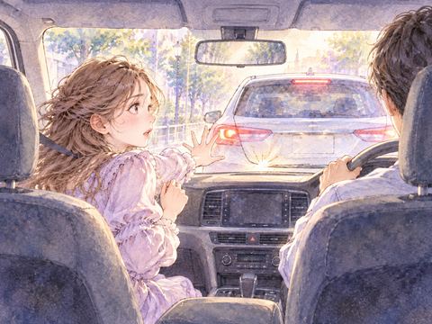 助手席で前の車への追突に驚く女性