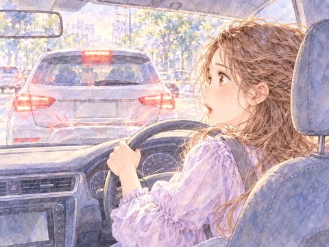 急停止した前の車に追突して驚く女性