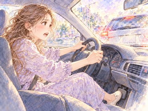 ブレーキを踏みながら前の車に追突する女性