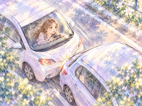 急いで走る女性の車が前の車に追突する場面