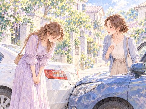 知人の車に追突して申し訳なさそうにする女性