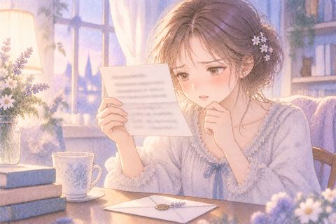 ぼやけた文字の手紙を困った様子で見る女性