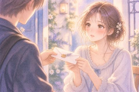 目の前の相手から手紙を手渡される女性