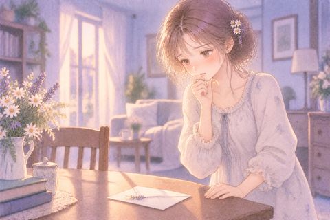 静かな部屋で置き手紙を見つける女性