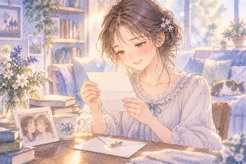 友達からの手紙を嬉しそうに読む女性