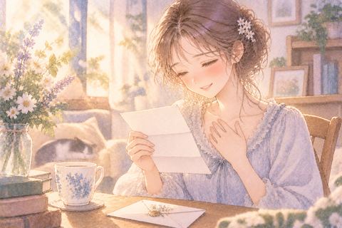 感謝の手紙を読み穏やかに微笑む女性