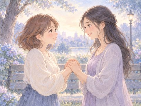 気まずかった友達と向き合い笑顔で手を握る女性