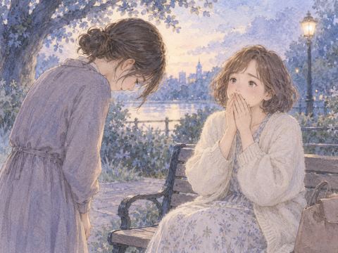 謝る友人を見つめながら静かに涙ぐむ女性