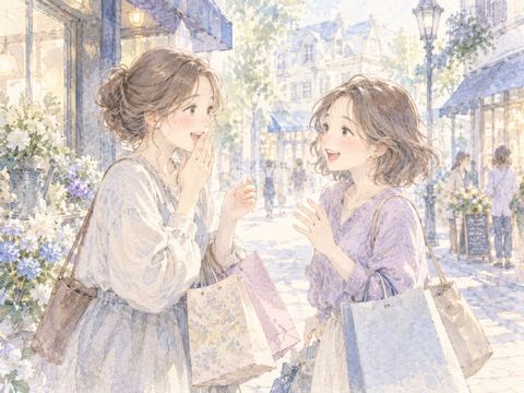 街角で偶然再会した知人と笑顔で向き合う女性