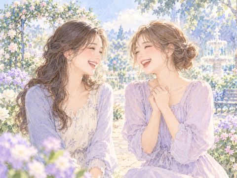 仲直りした友人と顔を見合わせて嬉しそうに笑う女性