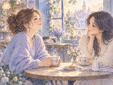 仲直りした相手とお茶を飲みほっと微笑む女性
